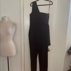 BCBGMaxAzria Black Asymmetrical Jumpsuit with faux leather